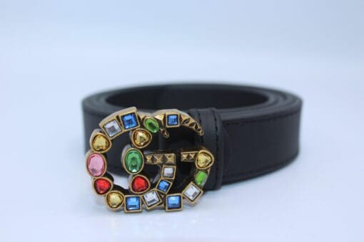 Leather belt with crystal Double G buckle - Brands Gateway