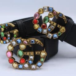 Leather belt with crystal Double G buckle - Brands Gateway