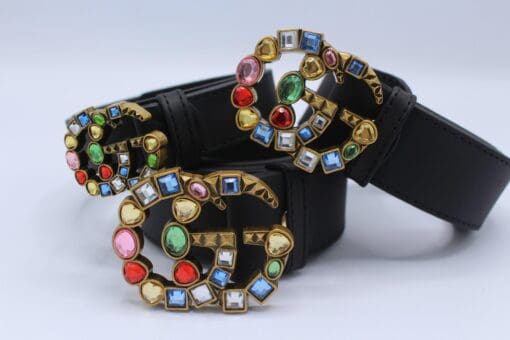 Leather belt with crystal Double G buckle - Brands Gateway