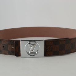 Brown Damier Silver Buckle Leather Belt