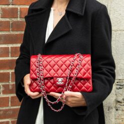 Alternative view of Chanel Classic Double Flap Bag Medium Crossbody 9.9in/ 25.5cm Red Silver Hardware For Women A01112