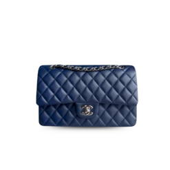 Chanel Classic Double Flap Bag Medium Crossbody 10.2in/26cm Navy Blue Silver Hardware For Women A01112
