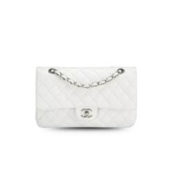 Chanel Classic Flap Bag Medium Crossbody 10in/ 25.5cm White Silver Hardware For Women