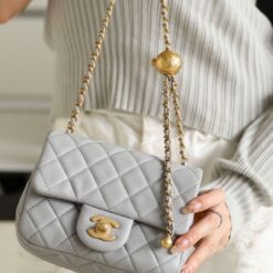 Alternative view of Chanel Classic Flap Bag With Charm Chain Mini Crossbody 7in/ 17cm Grey Gold Hardware For Women