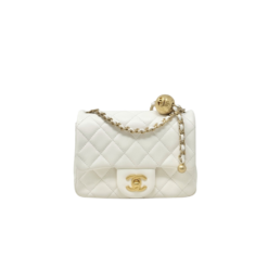 Chanel Flap Bag With CC Ball On Strap Mini Crossbody 6.7in/ 17cm White Gold Hardware For Women AS1786