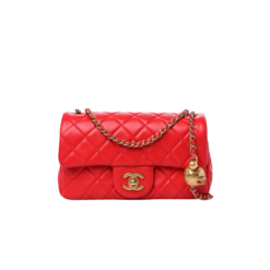 Chanel Flap Bag With CC Ball On Strap Small Crossbody 7.8in/ 20cm Red Gold Hardware For Women AS1787