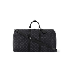 Louis Vuitton Keepall Bandouliere 55 Travel Bag 21.7in/ 55cm Black Monogram Eclipse Silver Hardawre M40605