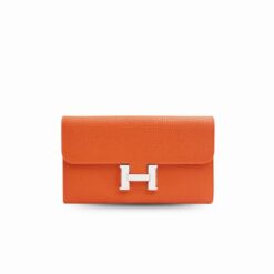 Hermes Constance Togo Long Wallet 20cm/7.9in Silver Toned Hardware For Women Orange
