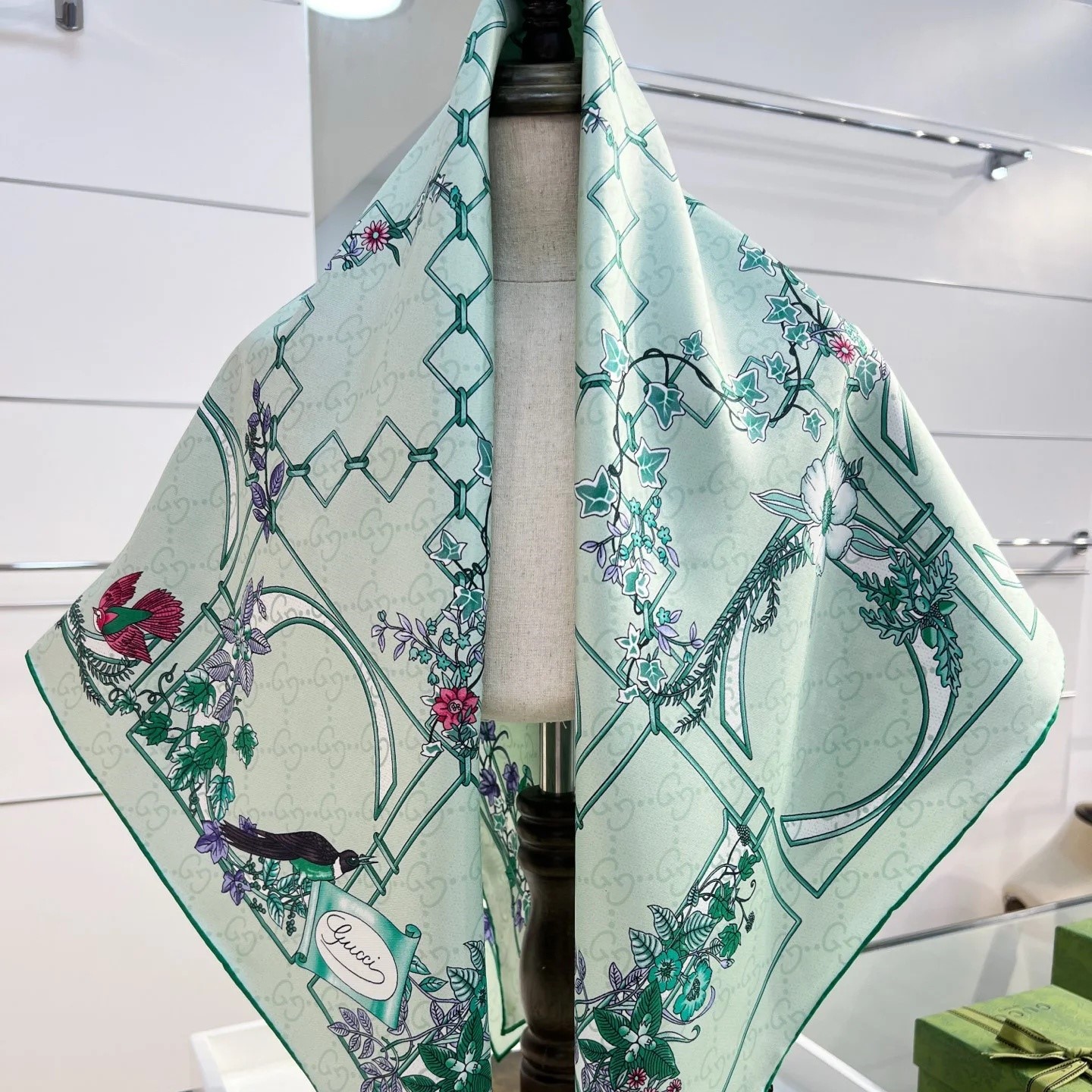 Gucci Printed GG Twill Carre Scarf Green For Women 777066 3G001 3967 - Image 4