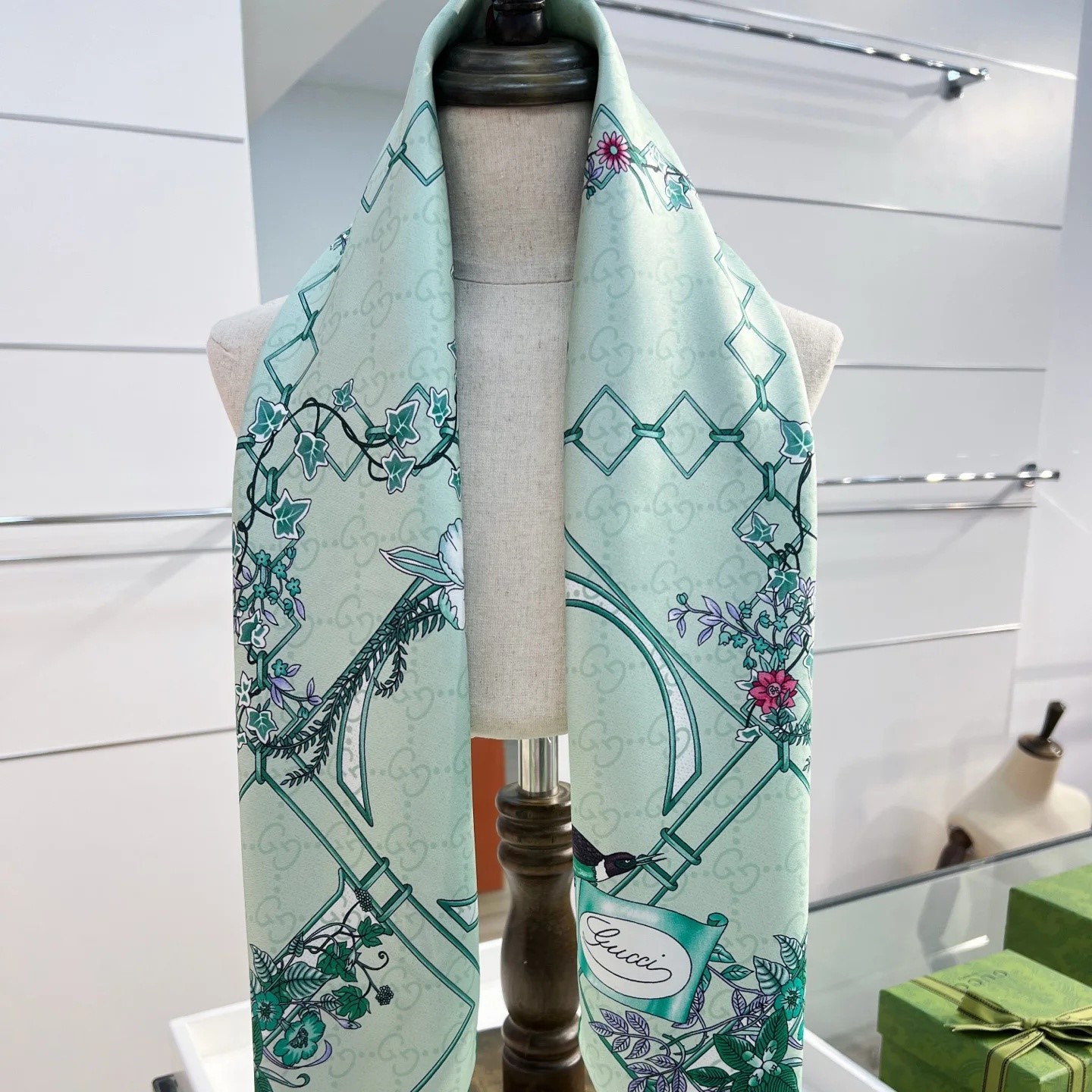 Gucci Printed GG Twill Carre Scarf Green For Women 777066 3G001 3967 - Image 5