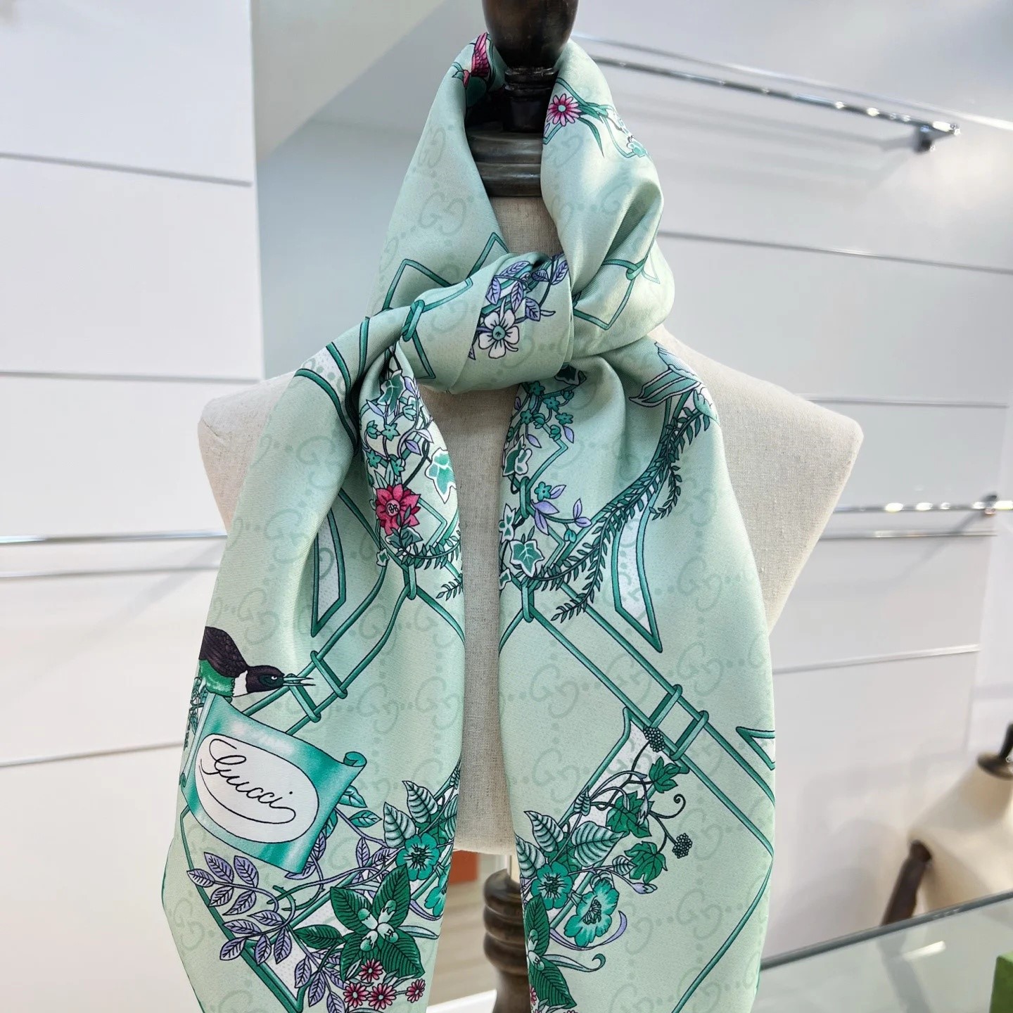 Gucci Printed GG Twill Carre Scarf Green For Women 777066 3G001 3967 - Image 3